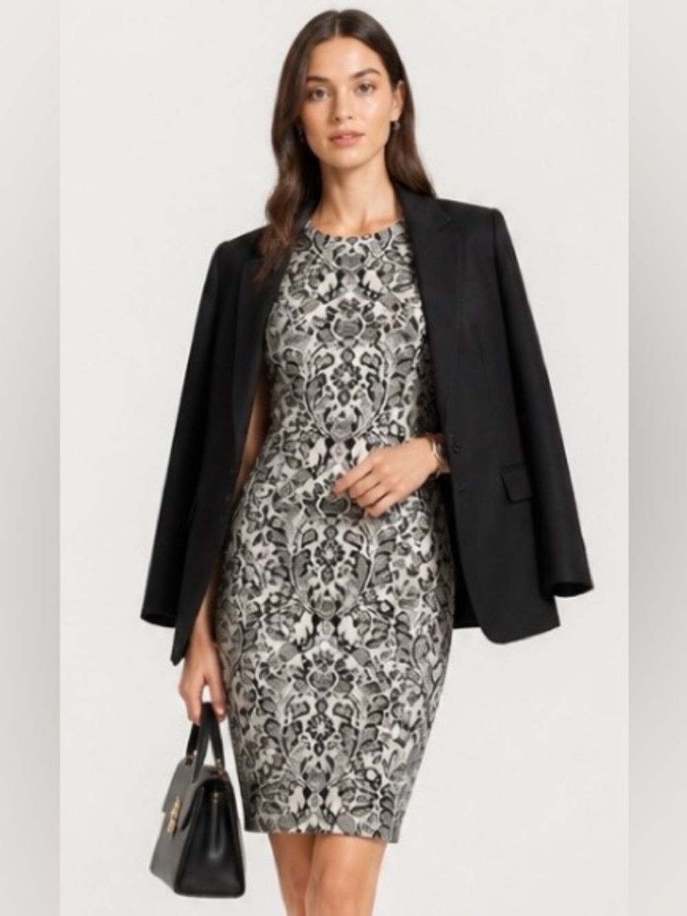 J MCLAUGHLIN Darcy Dress Jacquard Sleeveless Black White Shift Career